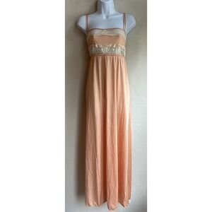 Vintage 70s Cattani Of California Peach Lace Maxi Slip Dress L Nylon Coquette